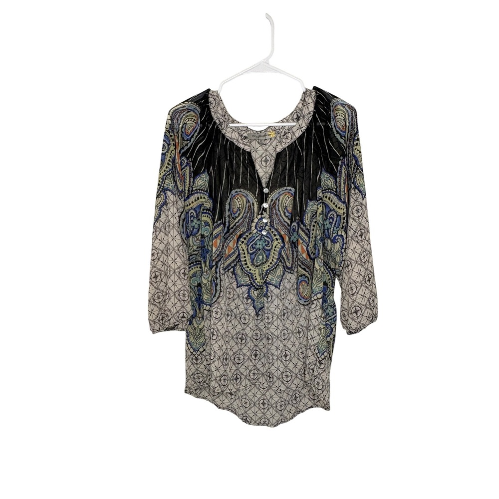 Figueroa & Flower XL Boho‎ Paisley Blouse Black Blue Peasant Top Cottagecore
